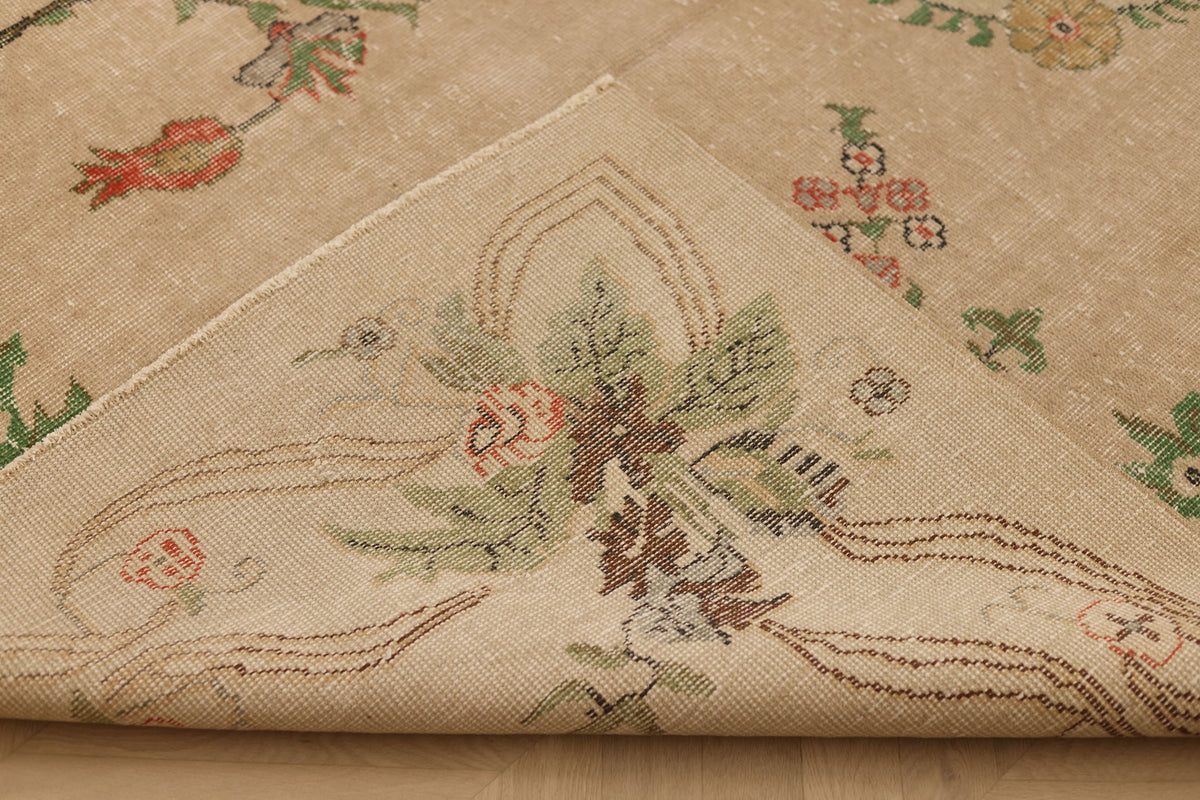 Vintage Isparta Turkish Area Rug 6x9 ft — Beige & Green Floral