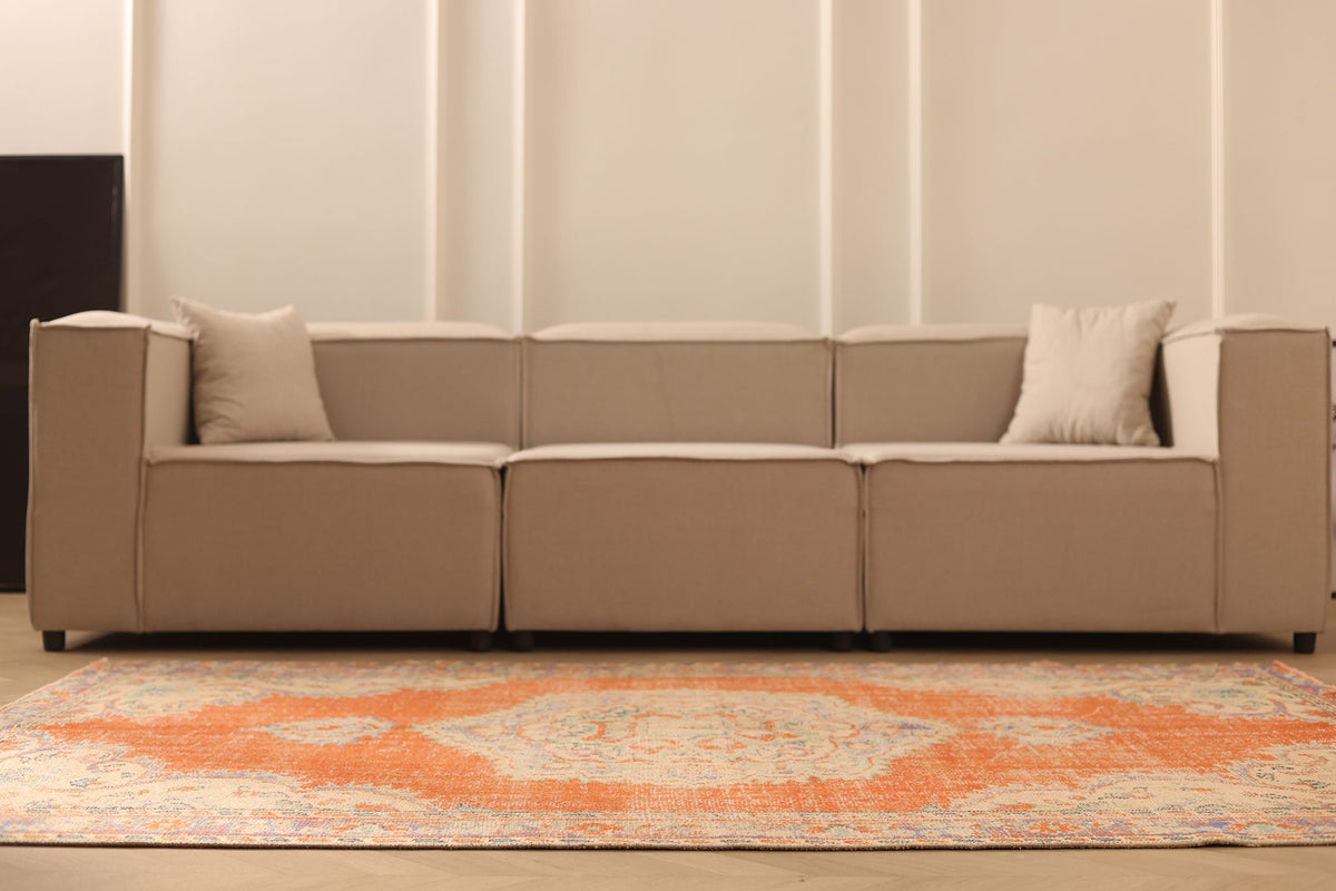Vintage Manisa Turkish Area Rug 5x8 ft — Orange & Blue Floral
