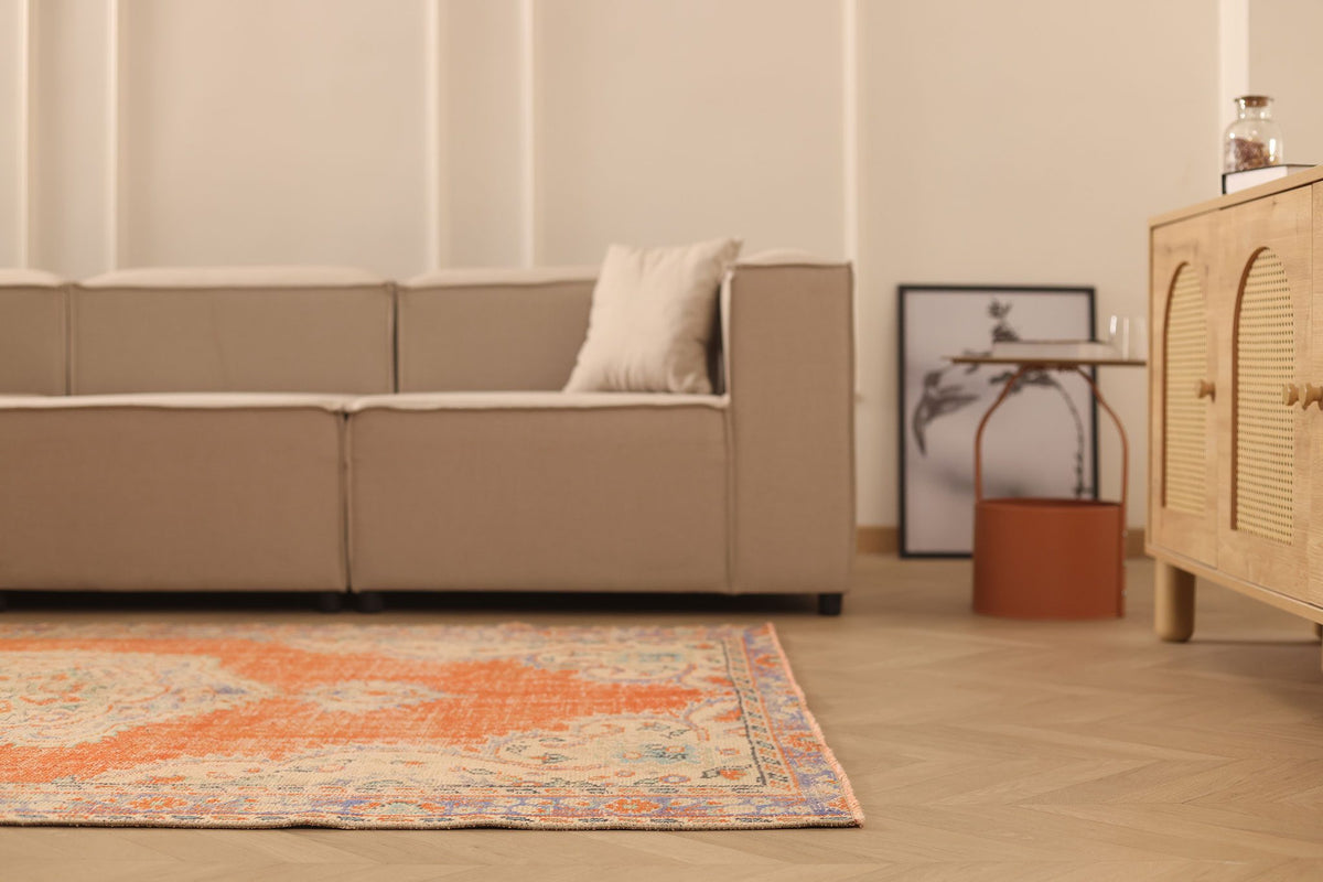 Vintage Manisa Turkish Area Rug 5x8 ft — Orange & Blue Floral