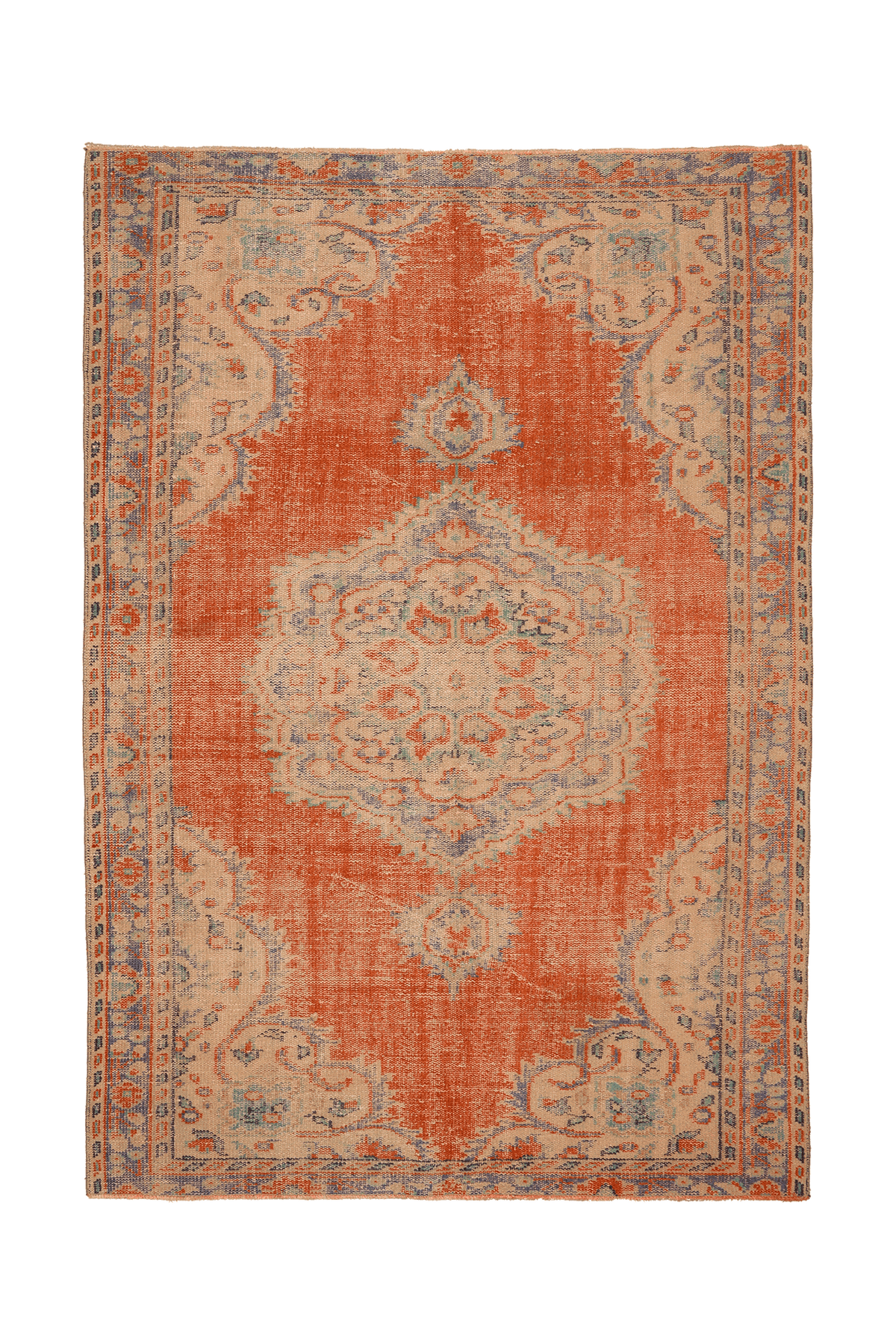 Vintage Manisa Turkish Area Rug 5x8 ft — Orange & Blue Floral