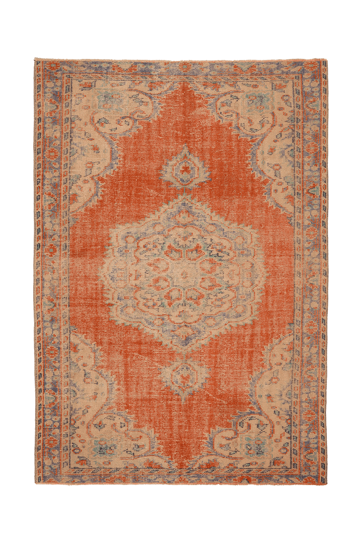 Vintage Manisa Turkish Area Rug 5x8 ft — Orange & Blue Floral