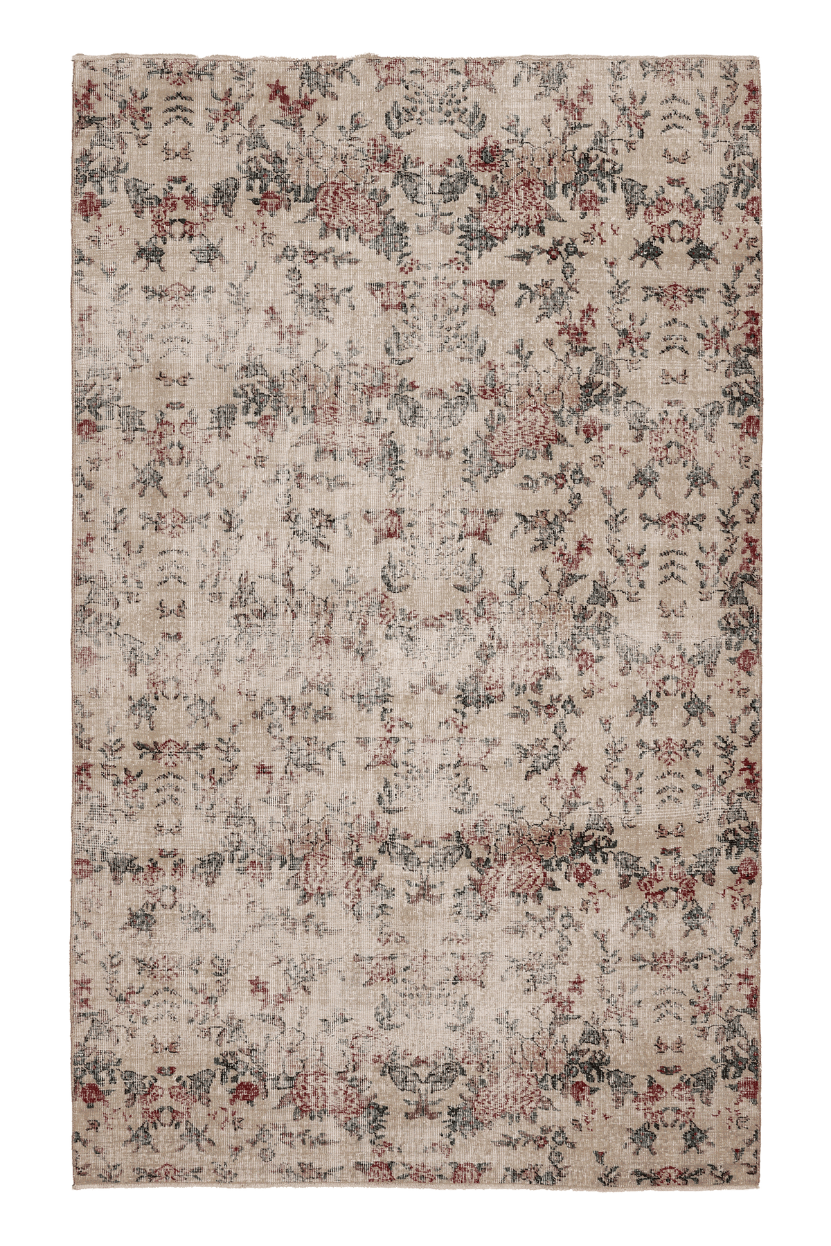 Vintage Isparta Turkish Area Rug 7x9 ft — Beige & Red Floral