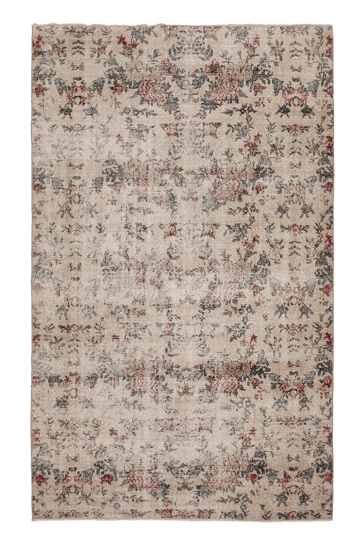 Vintage Isparta Turkish Area Rug 7x9 ft — Beige & Red Floral