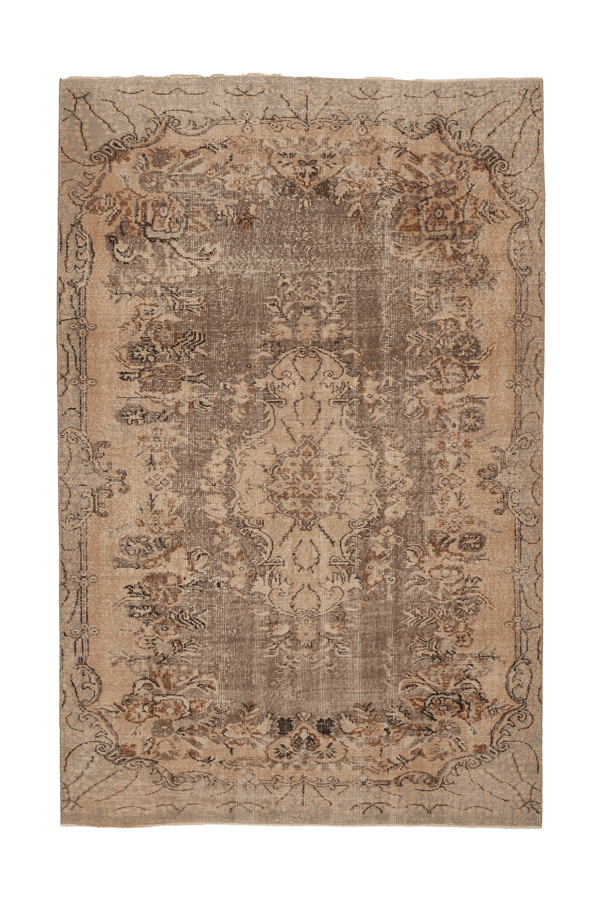 Vintage Isparta Turkish Area Rug 6x9 ft — Beige & Brown Floral