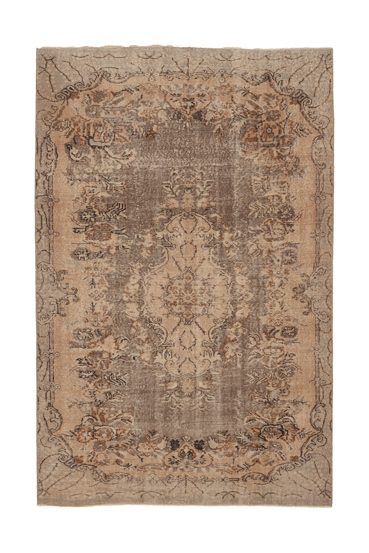 Vintage Isparta Turkish Area Rug 6x9 ft — Beige & Brown Floral