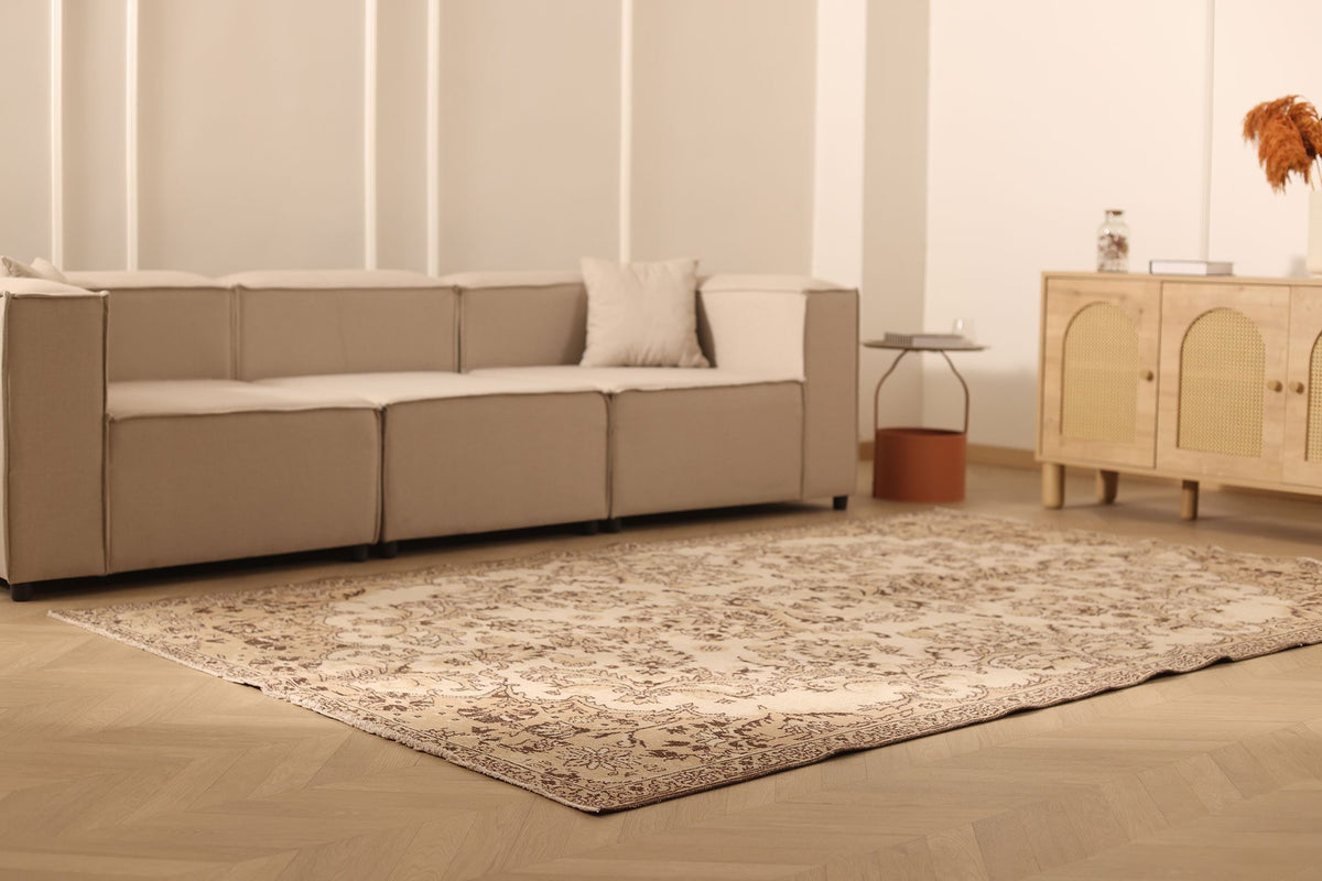 Vintage Isparta Turkish Area Rug 6x9 ft — Beige & Brown Floral