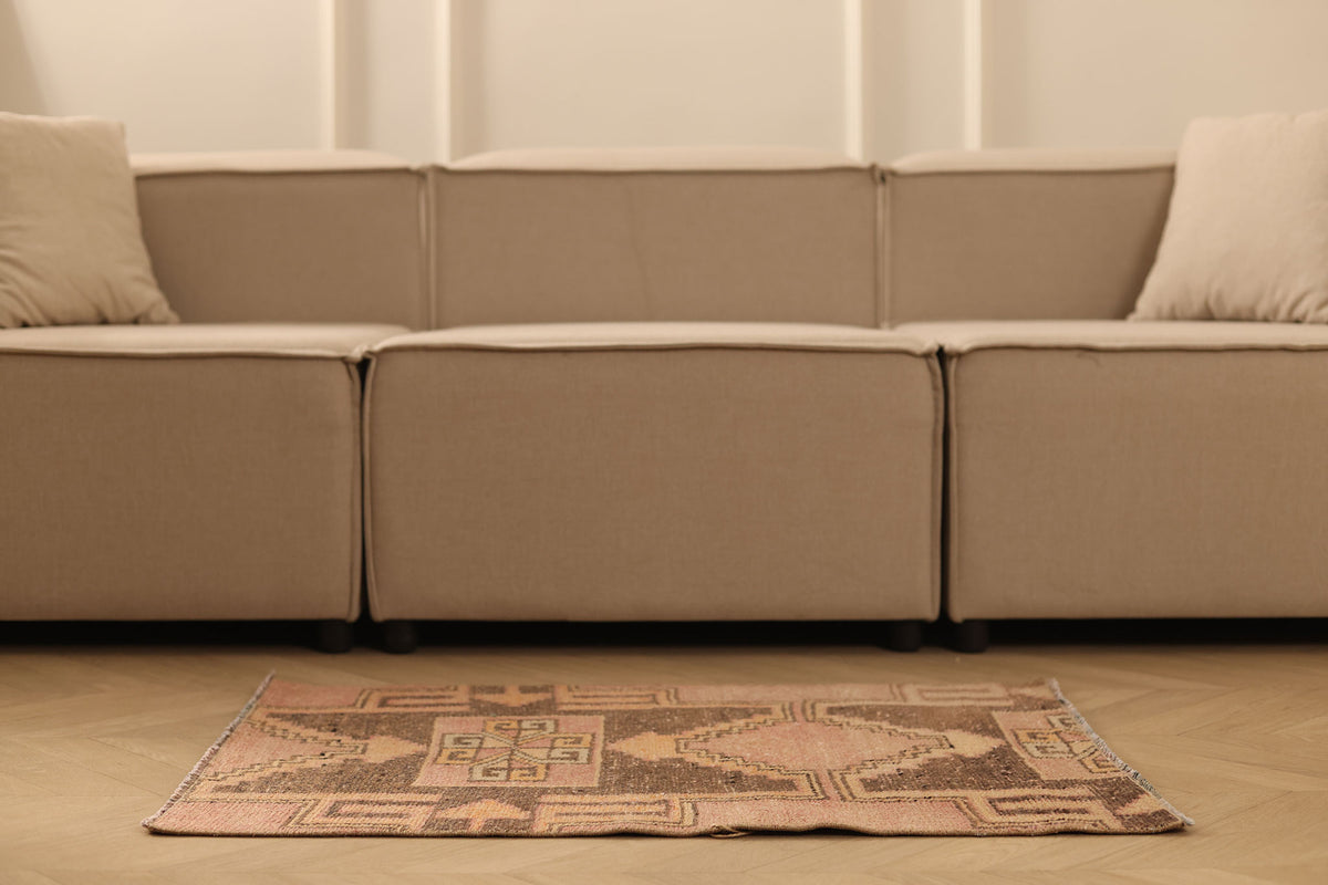 Vintage Malatya Turkish Doormat 2x3 ft — Pink & Brown Geometric