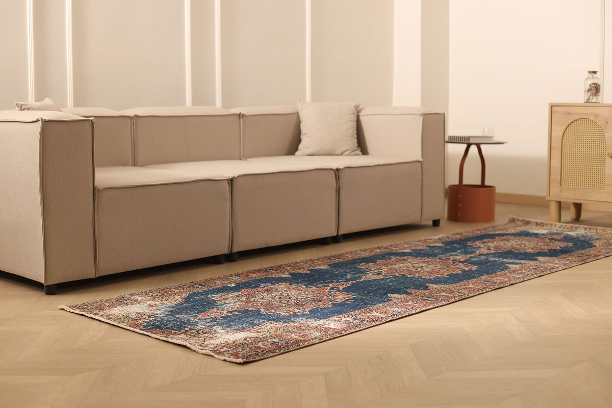 Vintage Isparta Turkish Runner Rug 3x11 ft — Blue & Brown Floral