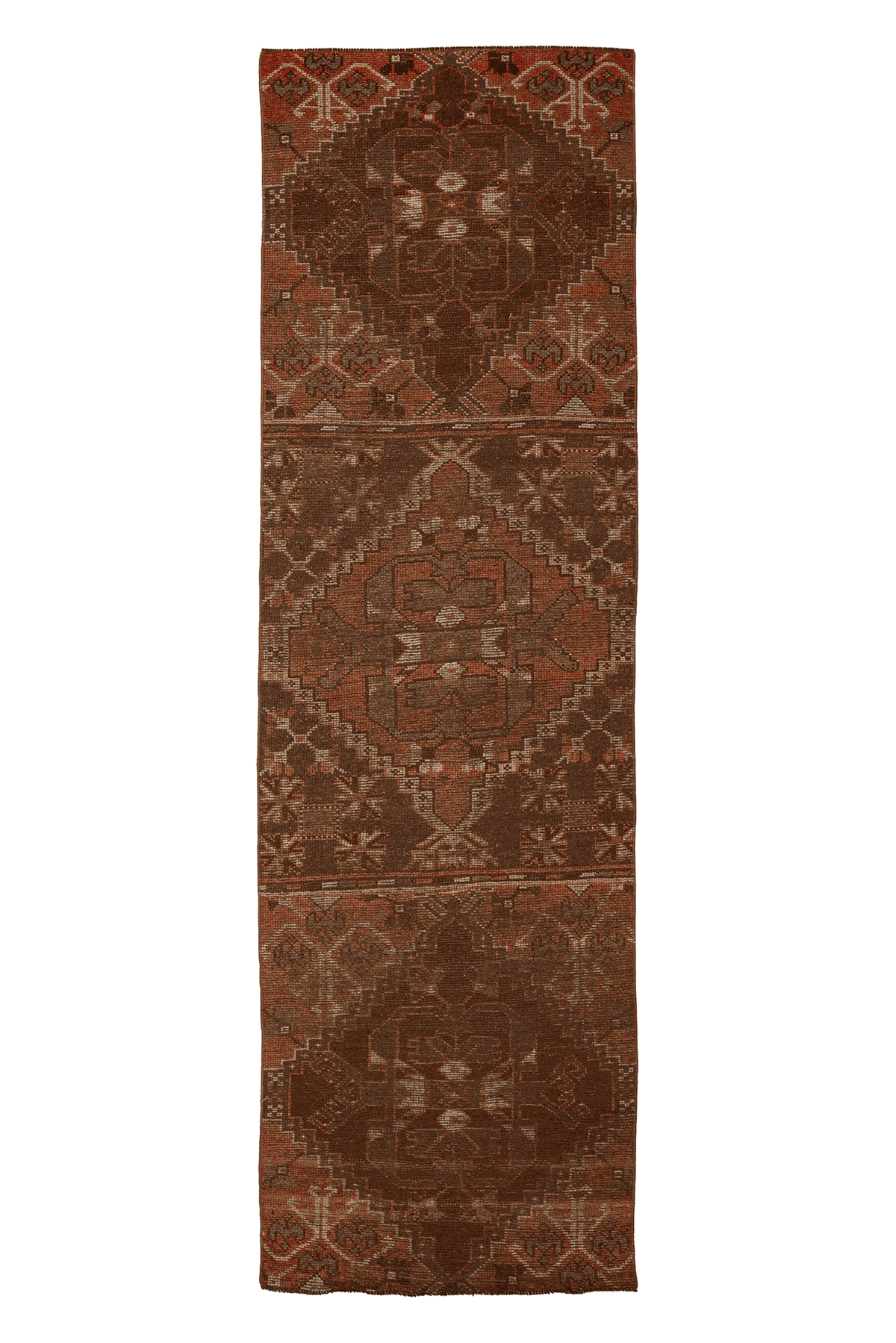 Vintage Gaziantep Turkish Runner Rug 3x10 ft — Brown & Red Geometric