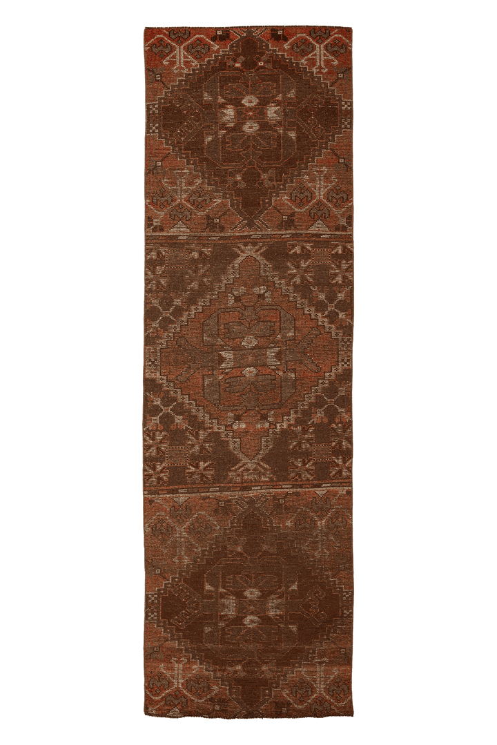 Vintage Gaziantep Turkish Runner Rug 3x10 ft — Brown & Red Geometric