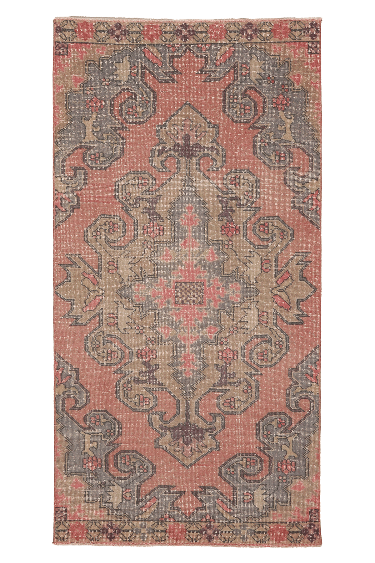 Vintage Nevşehir Turkish Runner Rug 3x7 ft — Red & Gray Floral