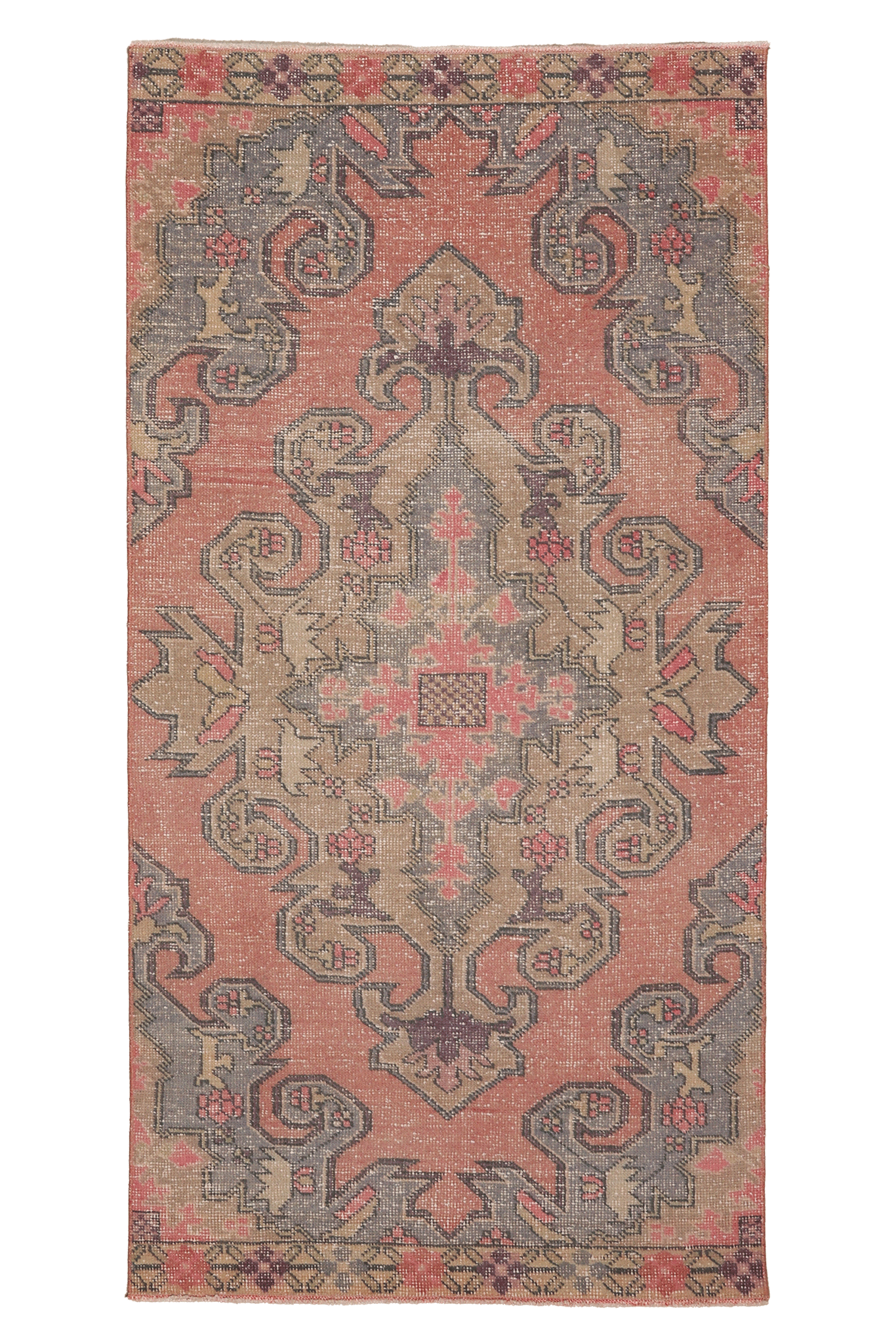 Vintage Nevşehir Turkish Runner Rug 3x7 ft — Red & Gray Floral