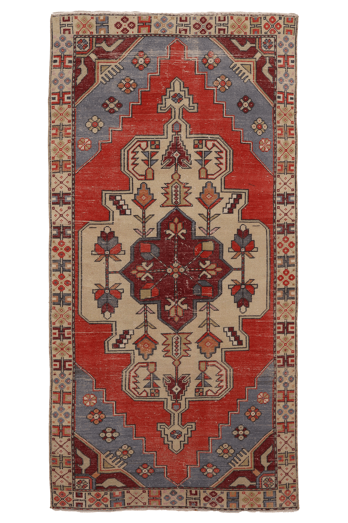 Vintage Nevşehir Turkish Runner Rug 3x8 ft — Red & Gray Geometric