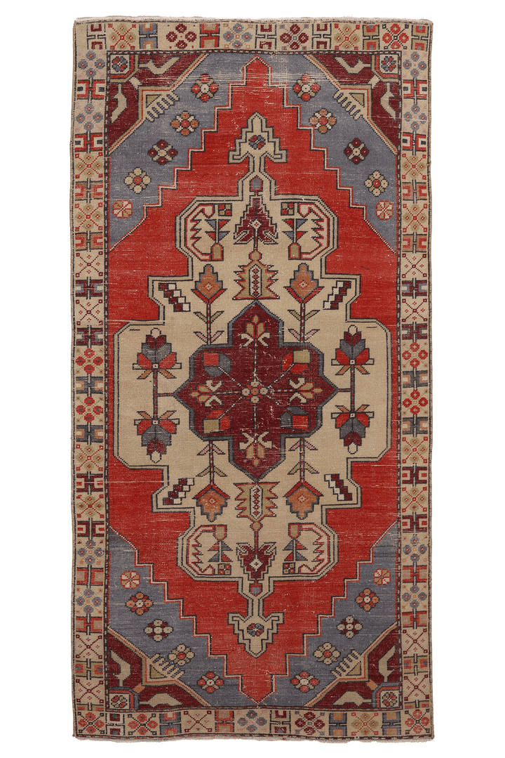 Vintage Nevşehir Turkish Runner Rug 3x8 ft — Red & Gray Geometric