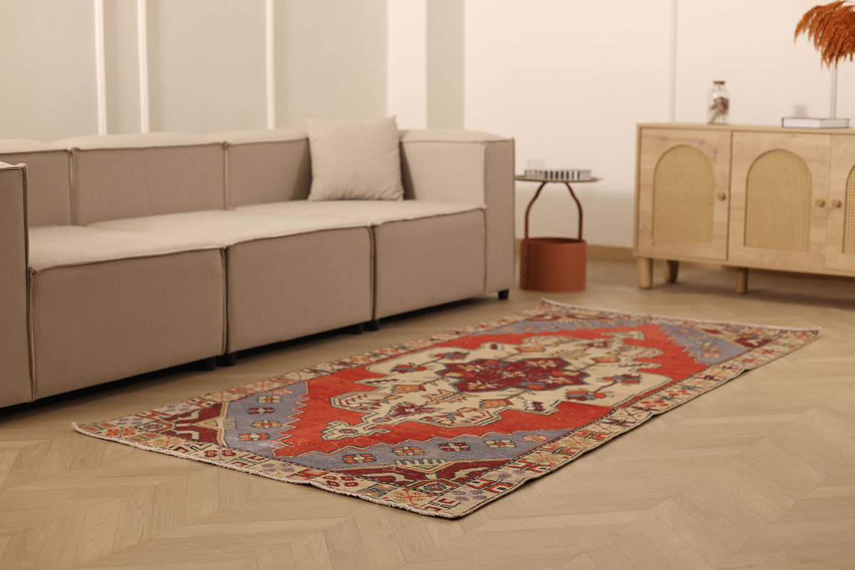 Vintage Nevşehir Turkish Runner Rug 3x8 ft — Red & Gray Geometric
