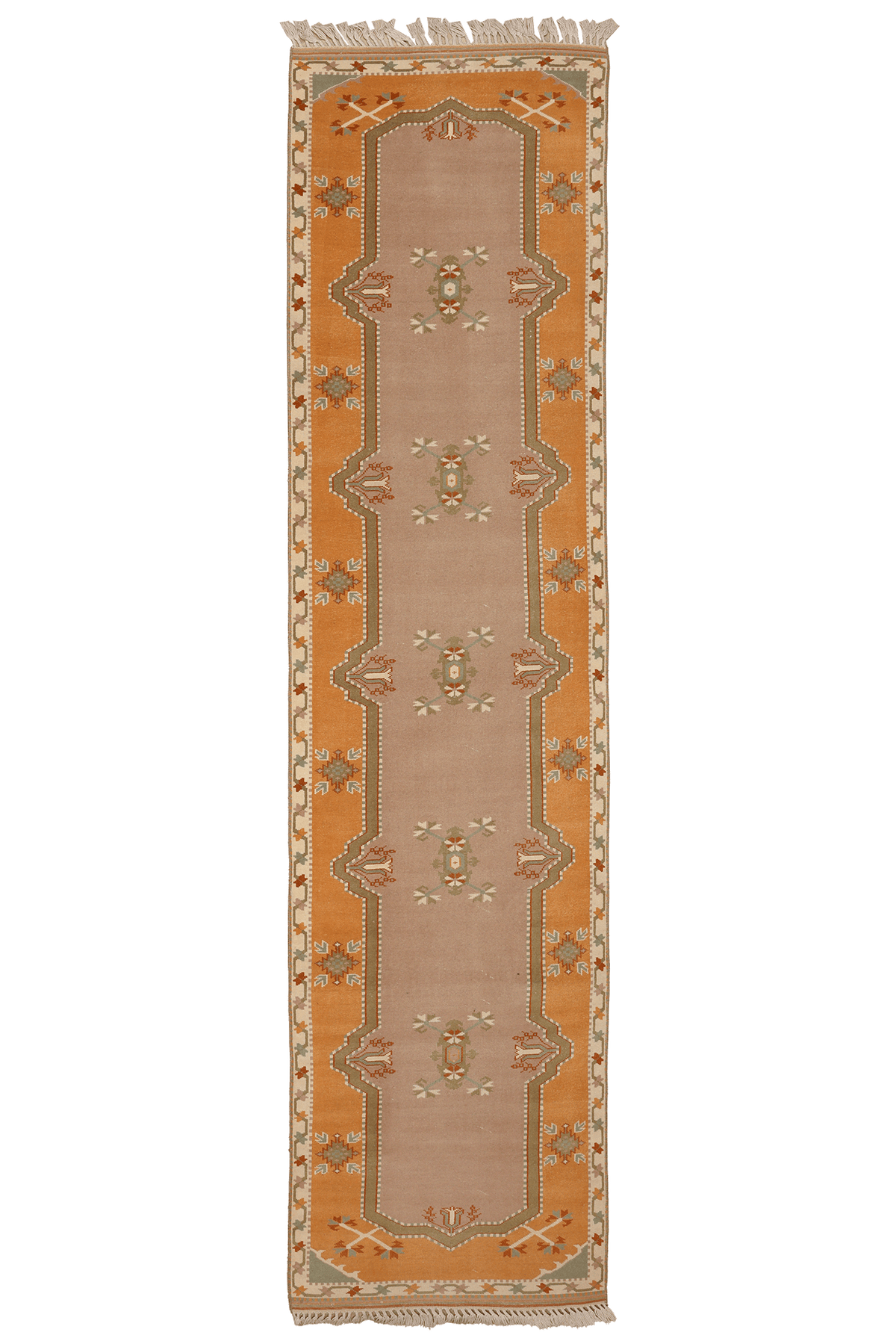 Vintage Muğla Turkish Runner Rug 2x12 ft — Orange & Beige Geometric