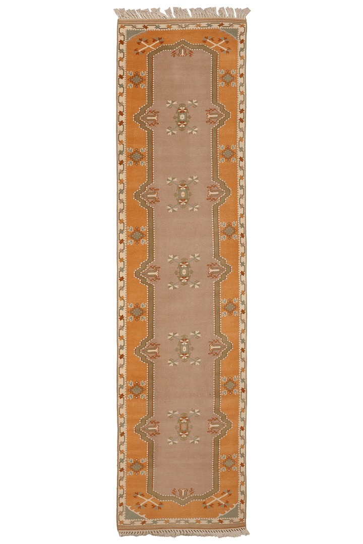 Vintage Muğla Turkish Runner Rug 2x12 ft — Orange & Beige Geometric