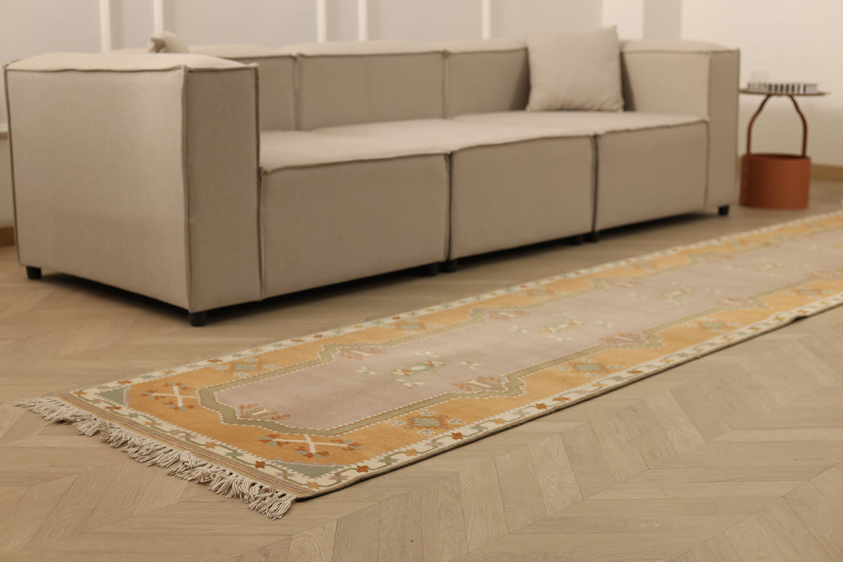 Vintage Muğla Turkish Runner Rug 2x12 ft — Orange & Beige Geometric