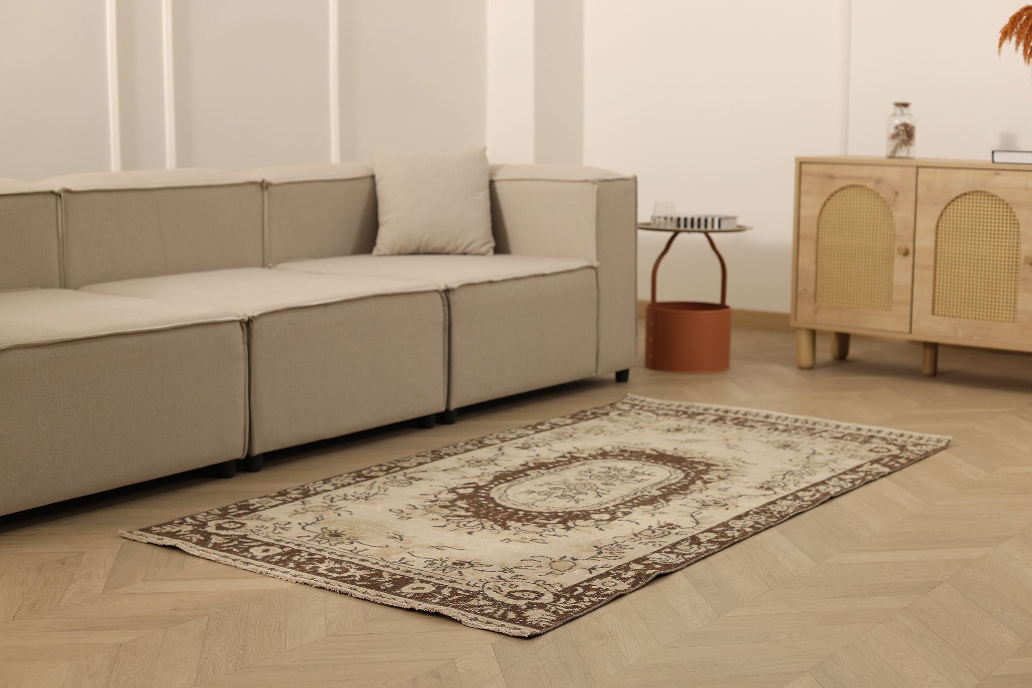 Vintage Isparta Turkish Area Rug 3x6 ft — Beige & Brown Floral
