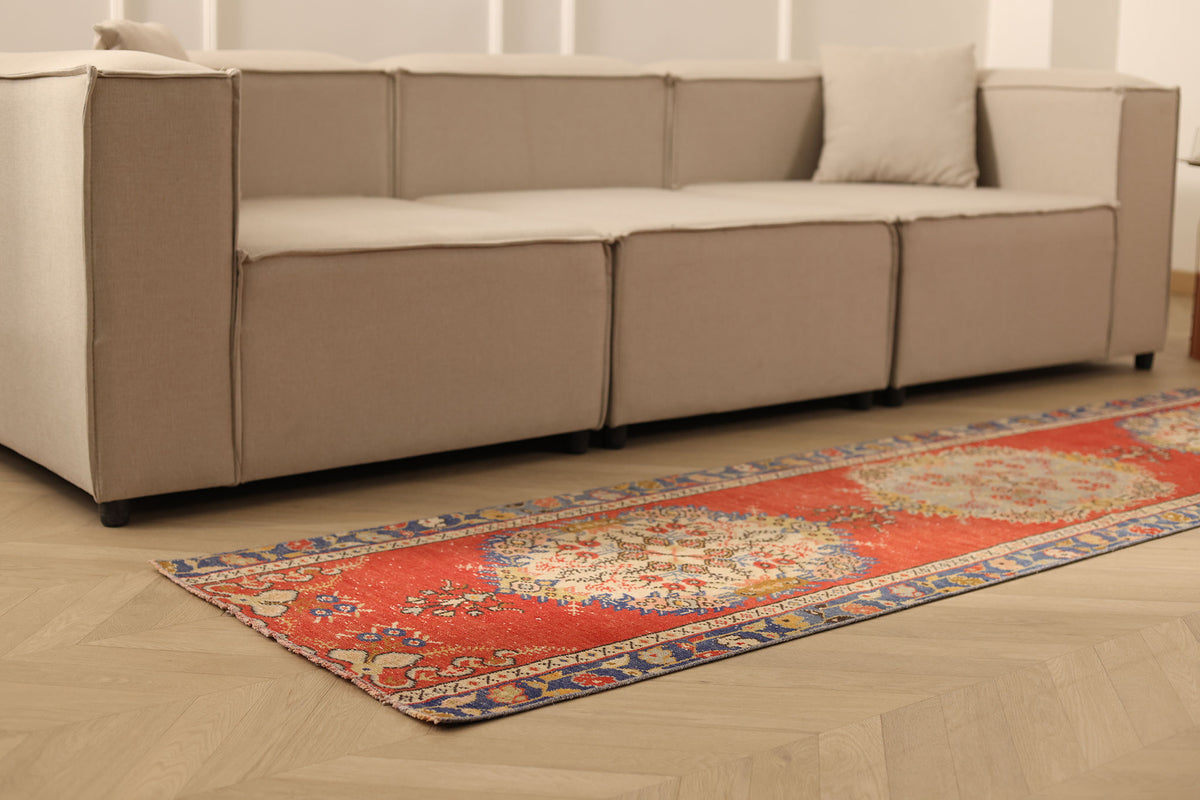 Vintage Manisa Turkish Runner Rug 2x9 ft — Red & Blue Geometric