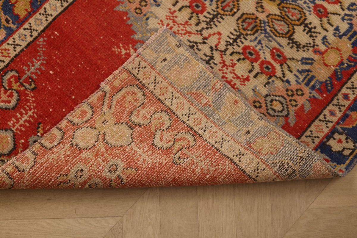 Vintage Manisa Turkish Runner Rug 2x9 ft — Red & Blue Geometric