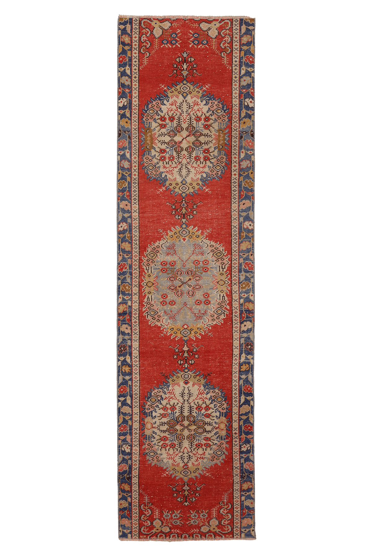 Vintage Manisa Turkish Runner Rug 2x9 ft — Red & Blue Geometric