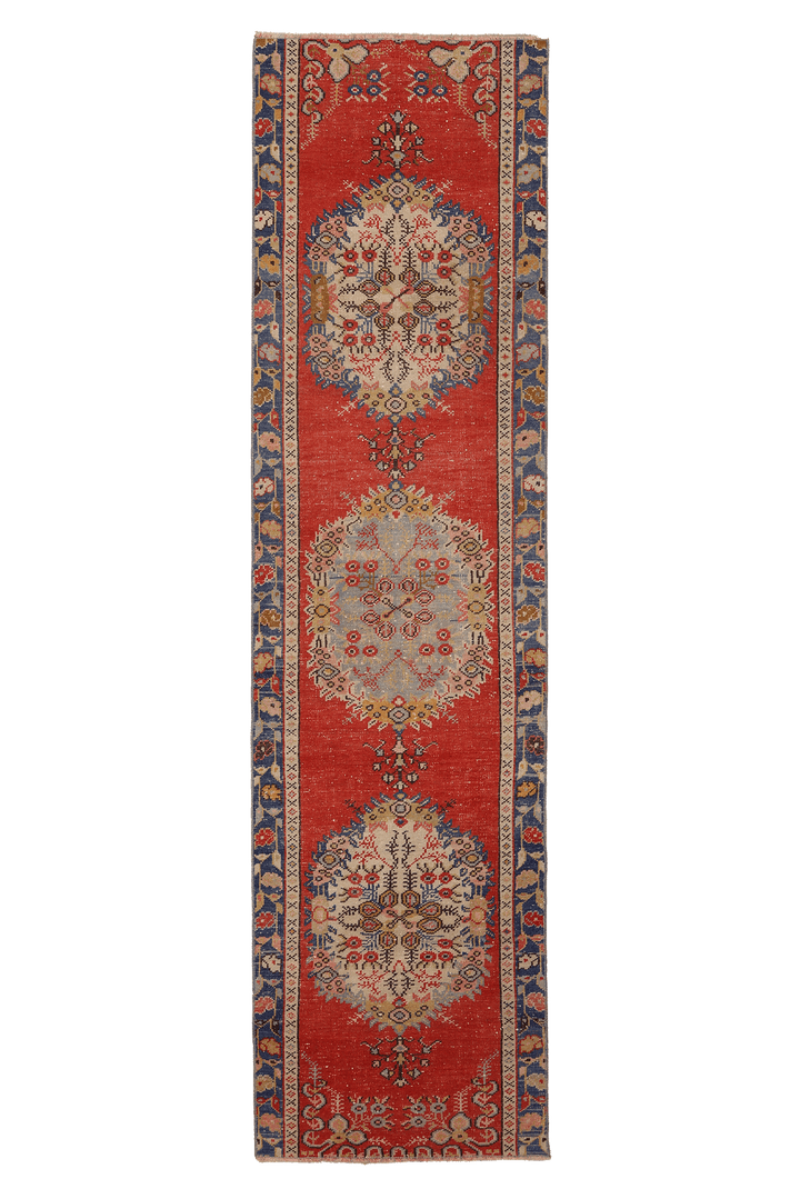 Vintage Manisa Turkish Runner Rug 2x9 ft — Red & Blue Geometric