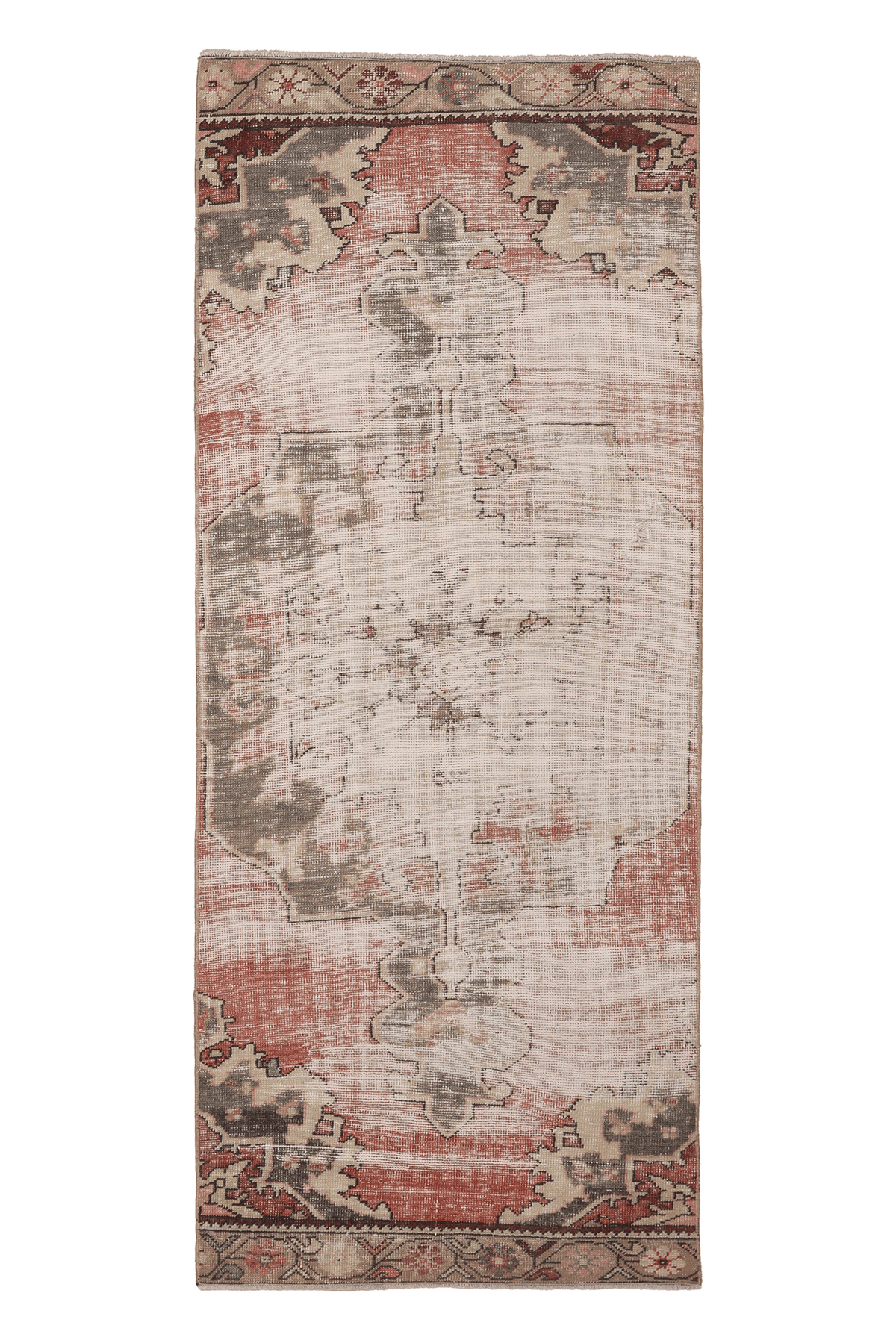 Vintage Niğde Turkish Runner Rug 3x7 ft — Red & Gray Geometric
