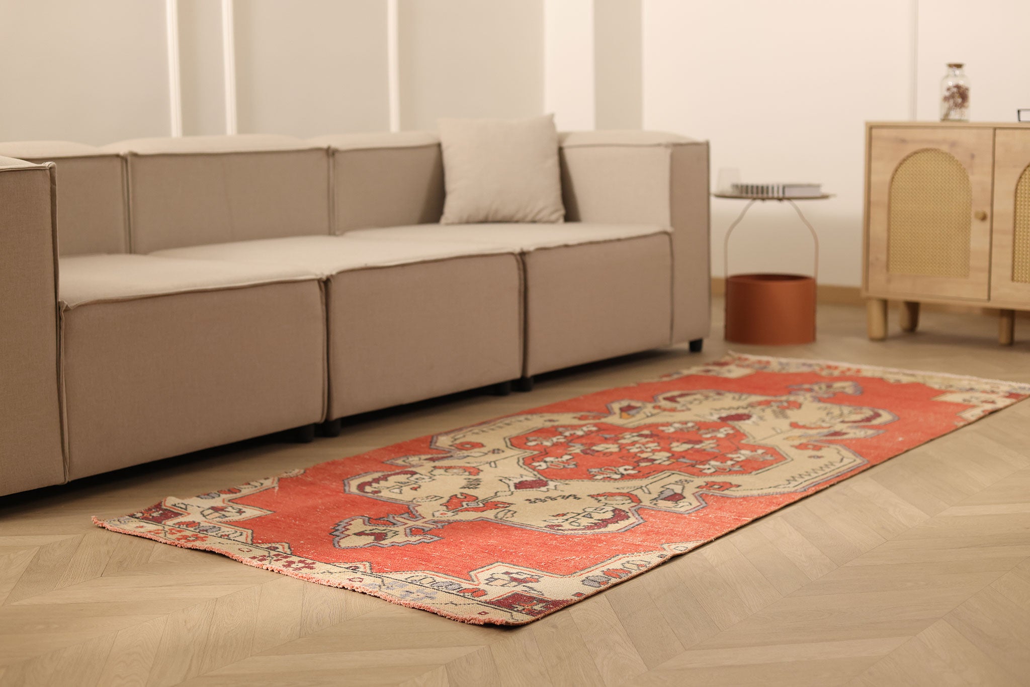 Vintage Niğde Turkish Runner Rug 3x8 ft — Red & Beige Geometric