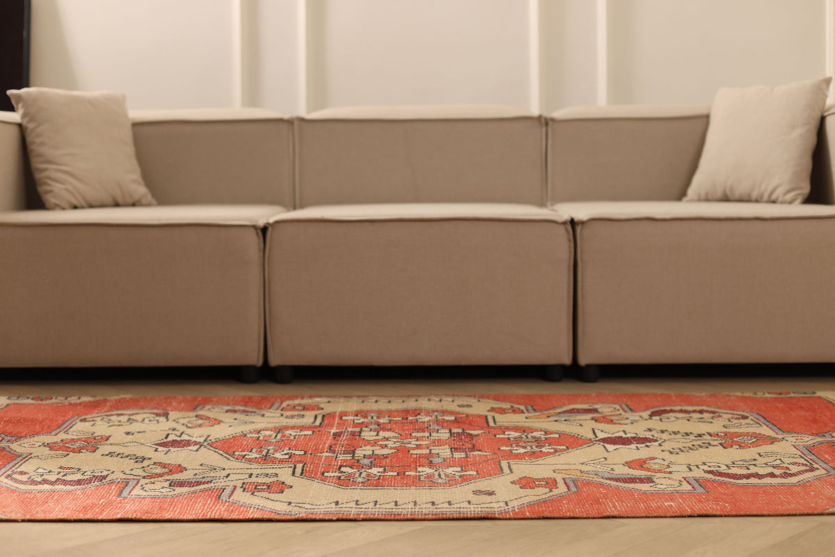 Vintage Niğde Turkish Runner Rug 3x8 ft — Red & Beige Geometric
