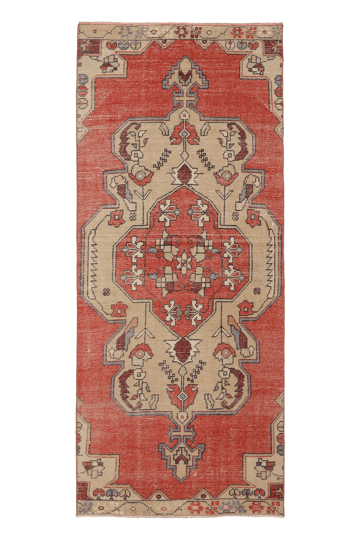Vintage Niğde Turkish Runner Rug 3x8 ft — Red & Beige Geometric