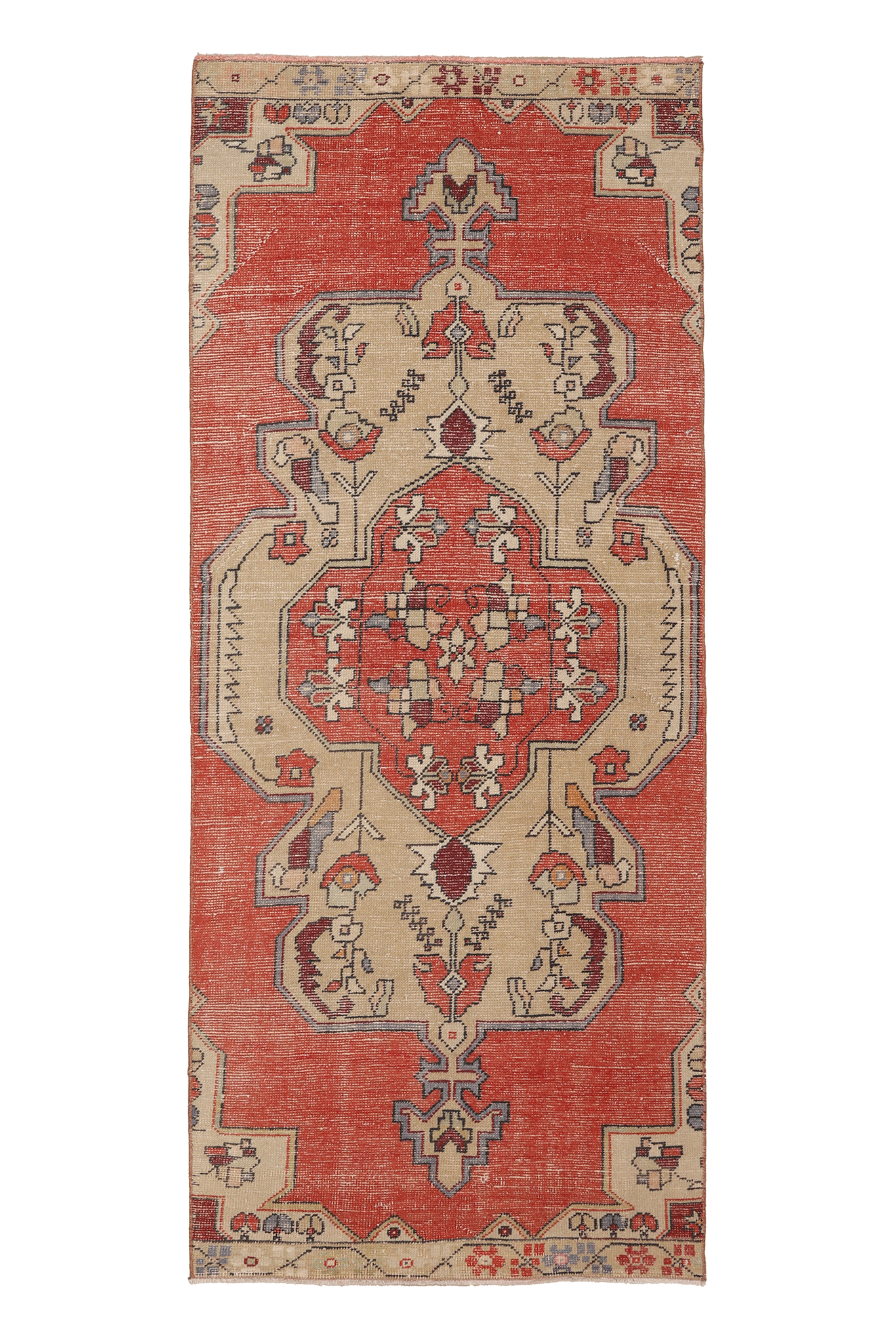 Vintage Niğde Turkish Runner Rug 3x8 ft — Red & Beige Geometric