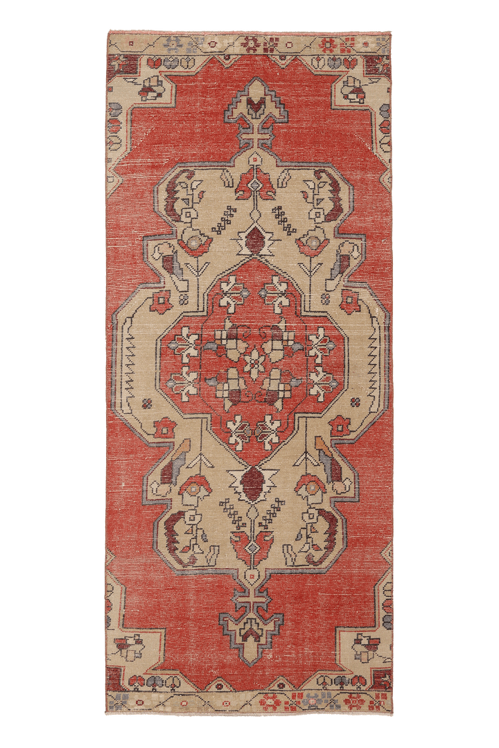 Vintage Niğde Turkish Runner Rug 3x8 ft — Red & Beige Geometric