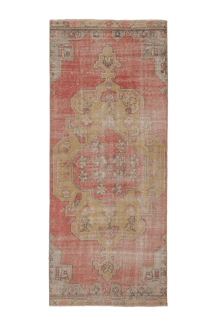 Vintage Niğde Turkish Runner Rug 3x8 ft — Red & Green Geometric