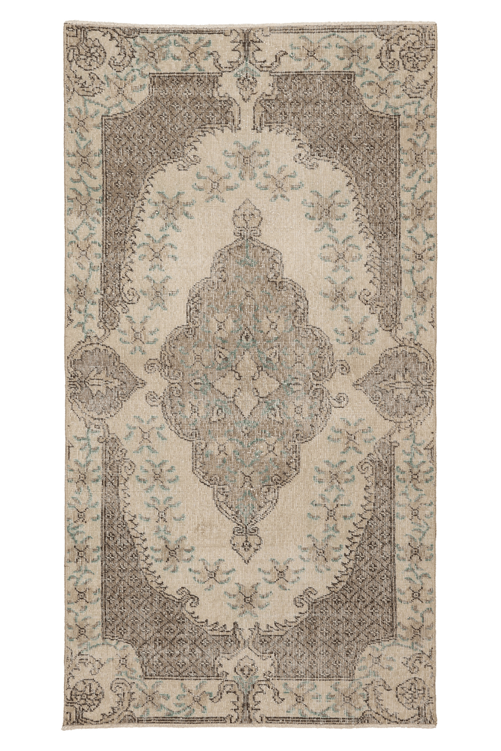 Vintage Isparta Turkish Area Rug 3x6 ft — Beige & Brown Floral (No. 59815)