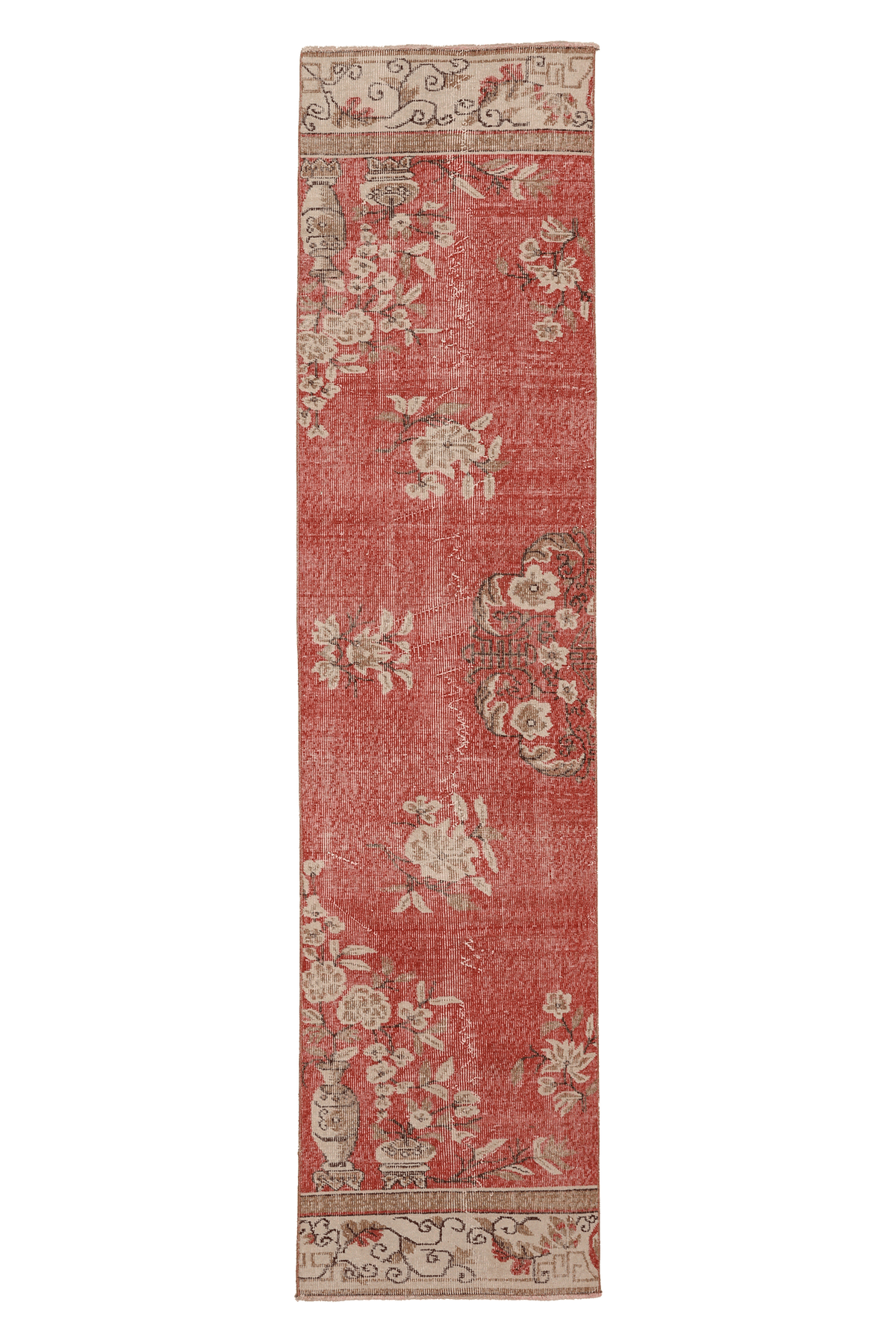 Vintage Isparta Turkish Runner Rug 2x10 ft — Red & Beige Floral