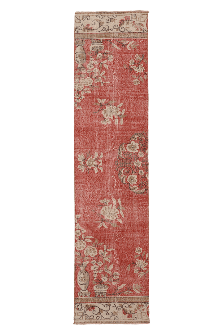 Vintage Isparta Turkish Runner Rug 2x10 ft — Red & Beige Floral