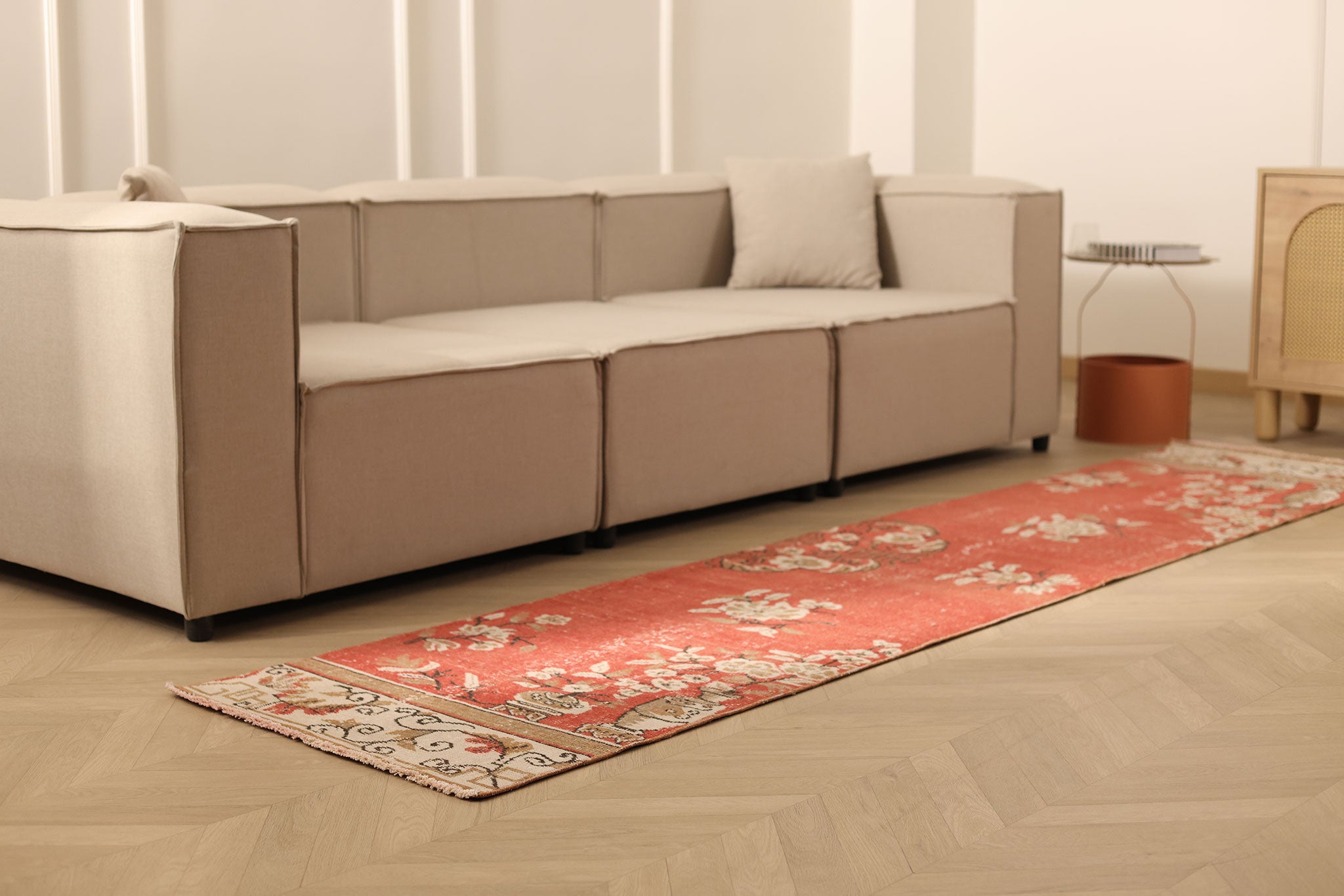 Vintage Isparta Turkish Runner Rug 2x10 ft — Red & Beige Floral