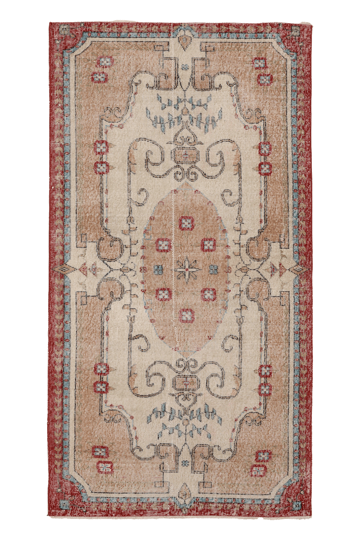 Vintage Isparta Turkish Area Rug 3x7 ft — Beige & Red maximalist