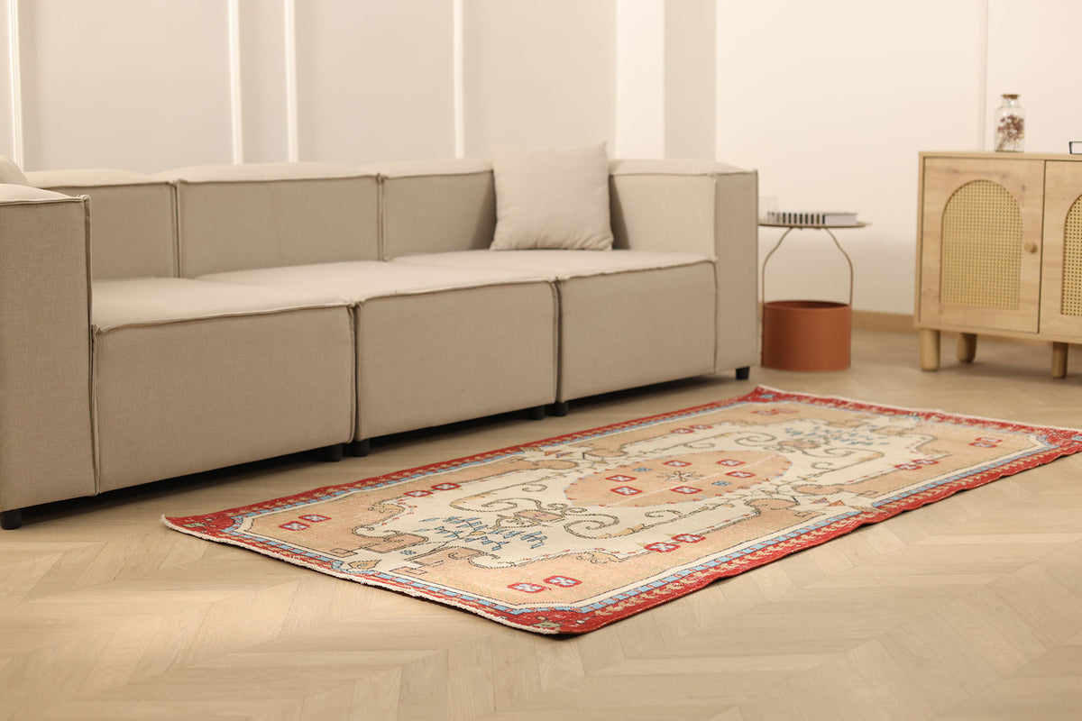 Vintage Isparta Turkish Area Rug 3x7 ft — Beige & Red maximalist