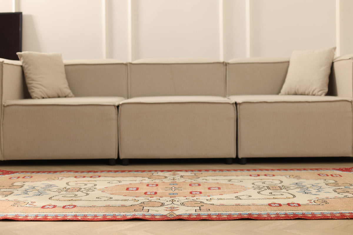 Vintage Isparta Turkish Area Rug 3x7 ft — Beige & Red maximalist