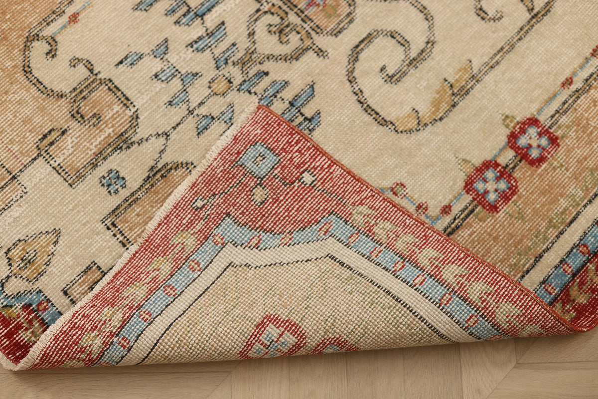 Vintage Isparta Turkish Area Rug 3x7 ft — Beige & Red maximalist