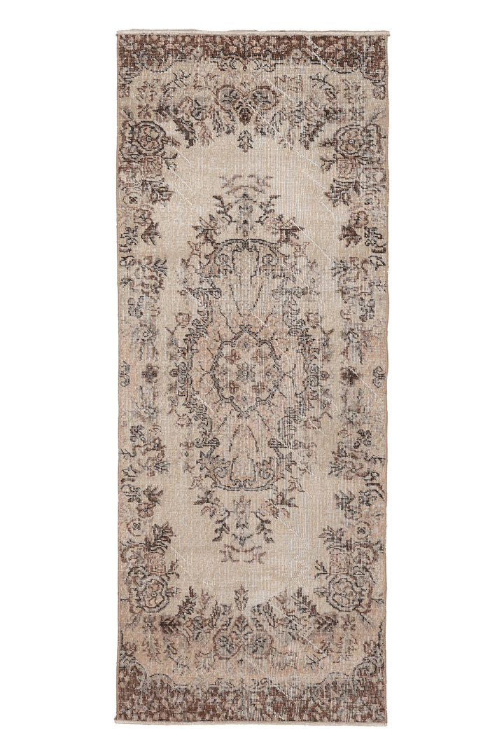 Vintage Isparta Turkish Runner Rug 2x7 ft — Beige Floral