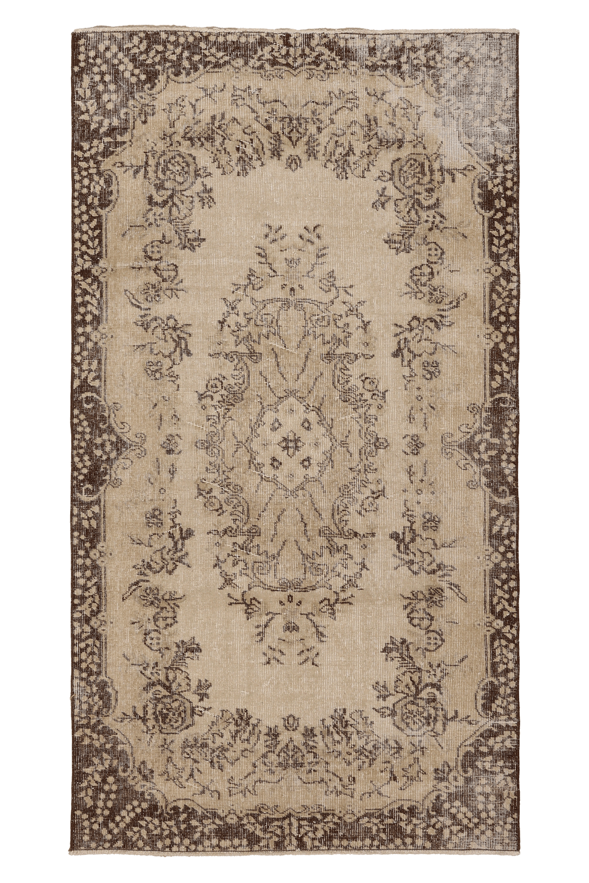 Vintage Isparta Turkish Area Rug 3x6 ft — Beige & Brown Floral (No. 59840)