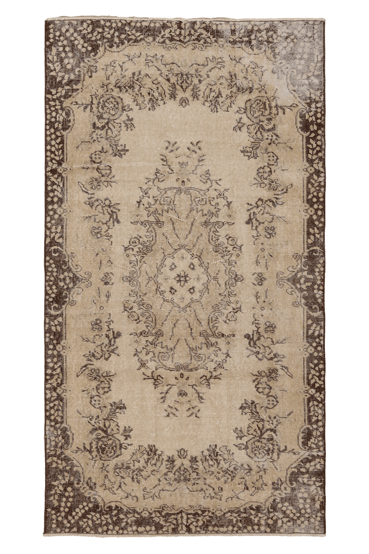 Vintage Isparta Turkish Area Rug 3x6 ft — Beige & Brown Floral (No. 59840)