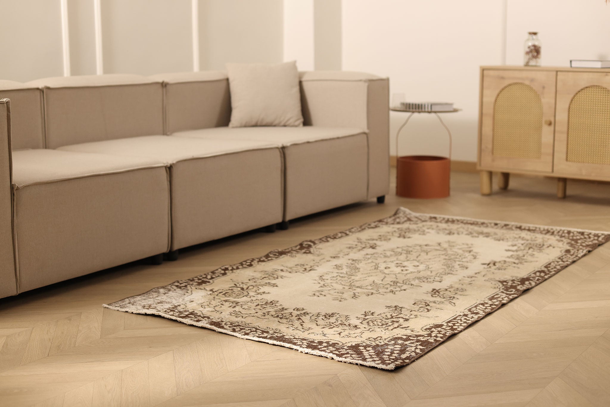 Vintage Isparta Turkish Area Rug 3x6 ft — Beige & Brown Floral (No. 59840)
