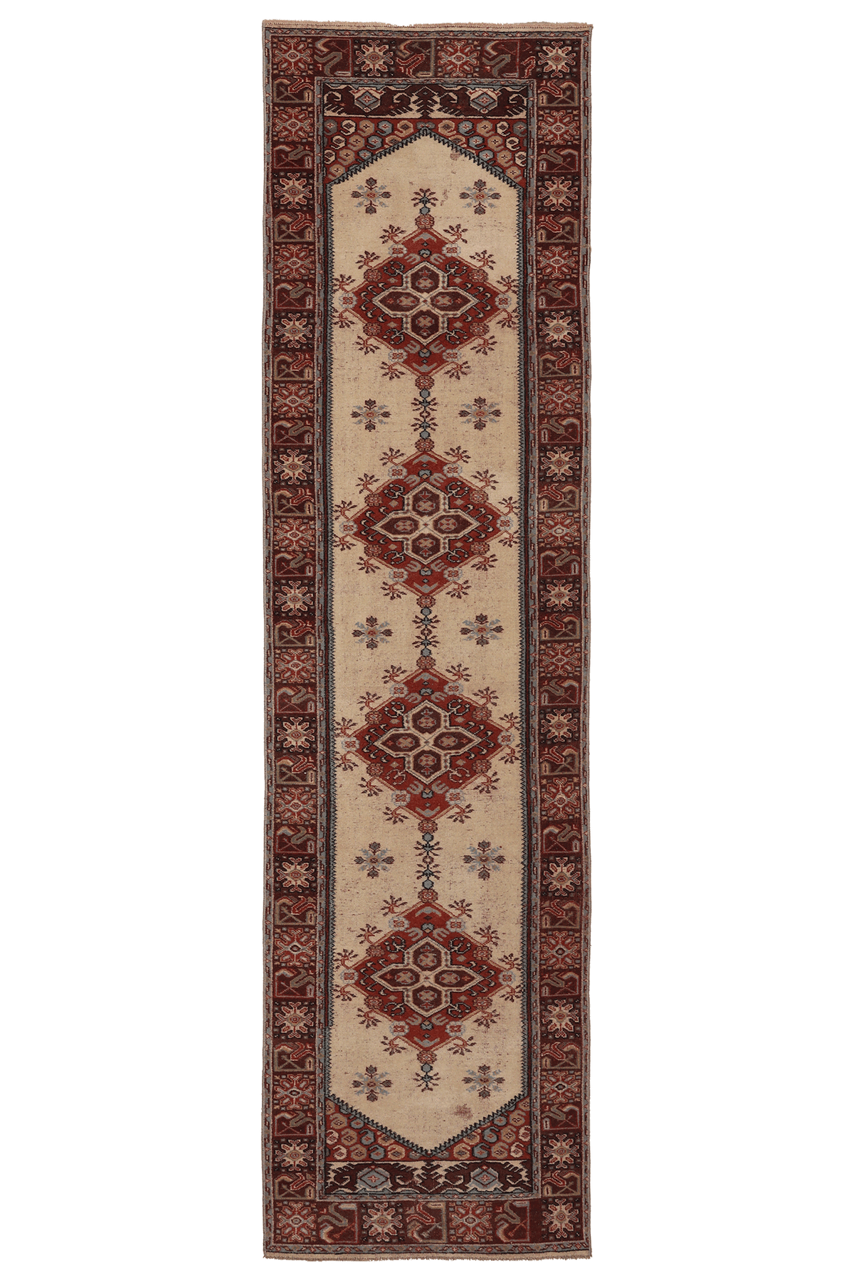 Vintage Denizli Turkish Runner Rug 2x10 ft — Beige & Red Geometric
