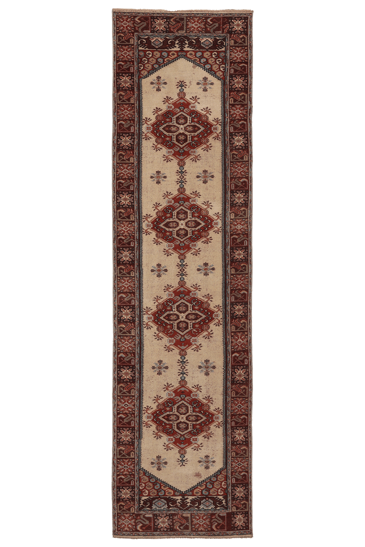 Vintage Denizli Turkish Runner Rug 2x10 ft — Beige & Red Geometric