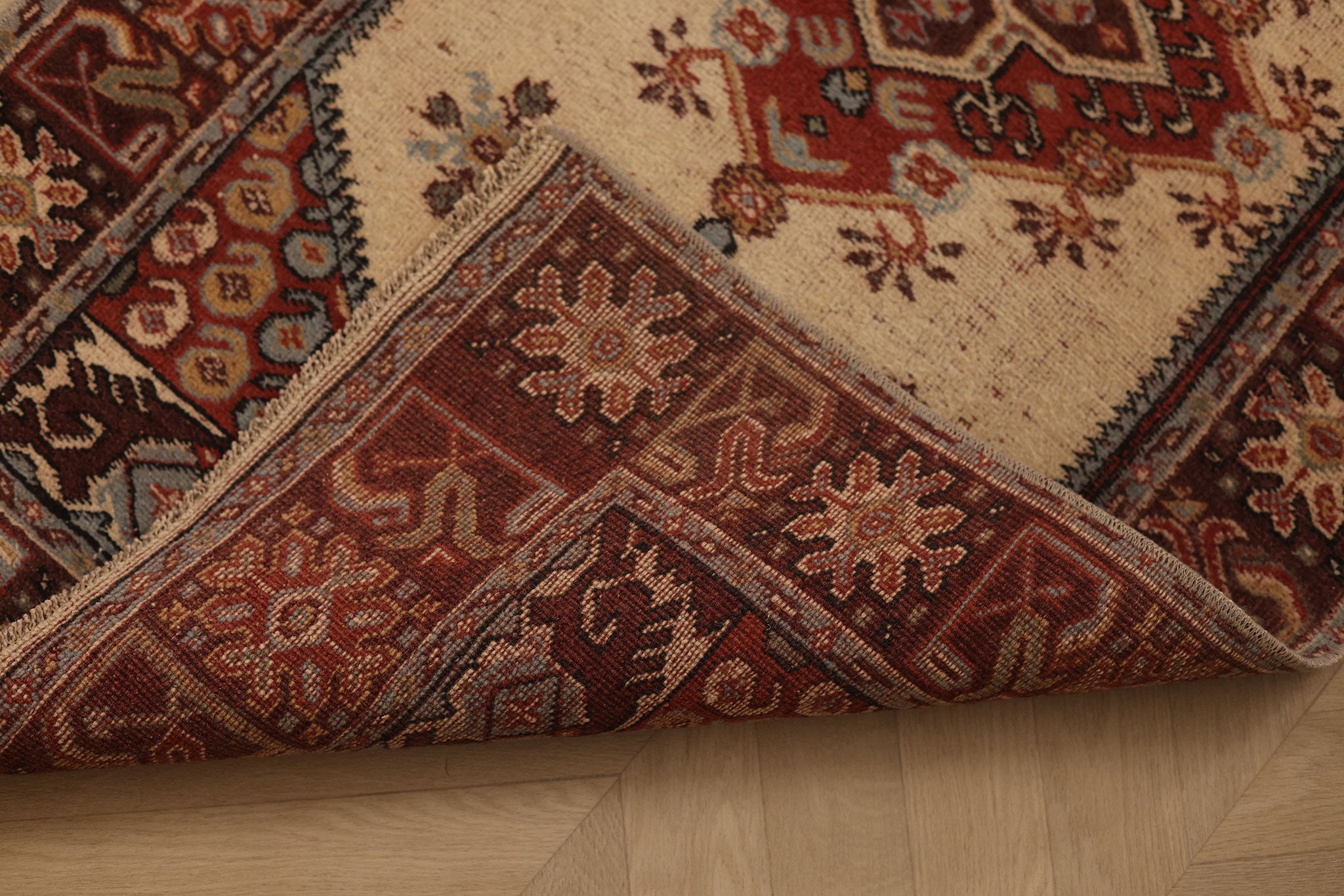 Vintage Denizli Turkish Runner Rug 2x10 ft — Beige & Red Geometric