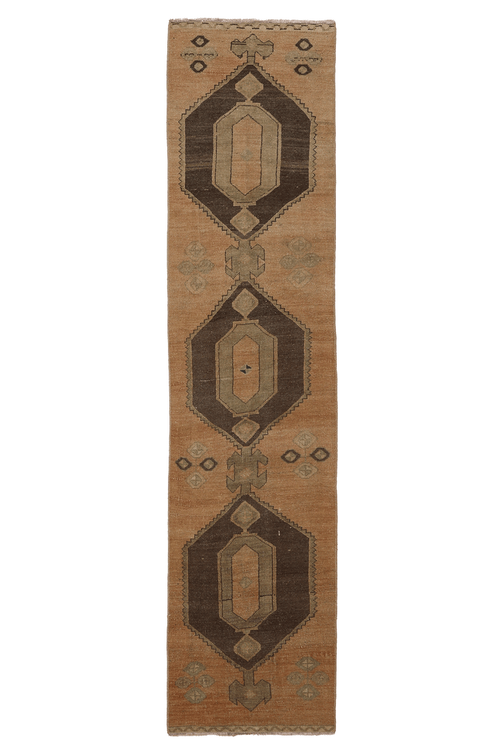 Vintage Malatya Turkish Runner Rug 2x8 ft — Beige & Brown Geometric